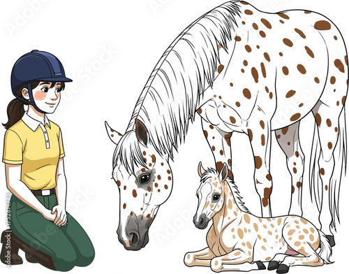 Young rider gently bonds with her spotted horse and adorable foal in a serene moment.