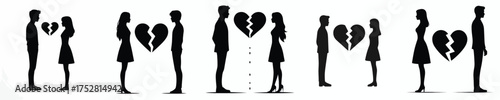 vector silhouette of woman and man with cracked heart symbol