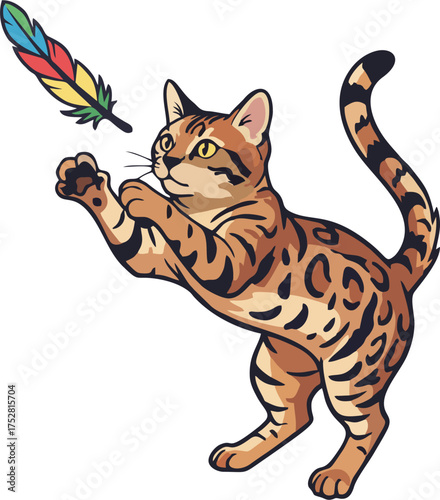 Playful Bengal Cat with Feather Toy – Spotted Kitten Vector Illustration