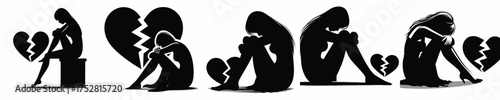 vector silhouette of a woman crying over a broken heart