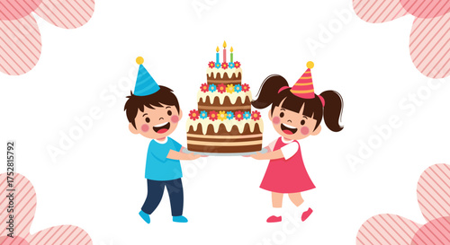 Two happy children wearing party hats carry a delicious tiered birthday cake.