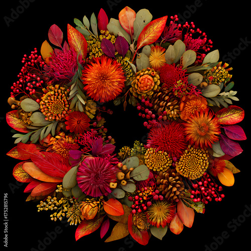Vibrant autumn floral wreath with red, orange and golden foliage