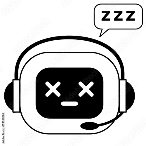 Linear black and white illustration of AI chatbot sleeping with speech bubble saying ZZZ isolated on white background. Tiredness, shutdown or relaxation, technology breaks, downtime, support