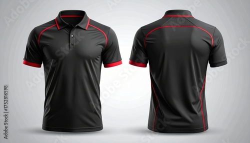 Front and back view of a black and red polo shirt with a modern design, showcasing athletic wear and sporty fashion of mockup