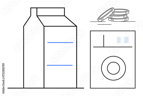 Milk carton, coins, and washing machine in a minimalist black-and-white design with simple blue accents. Ideal for finance, home economy, appliances, consumption, minimalism, simplicity flat
