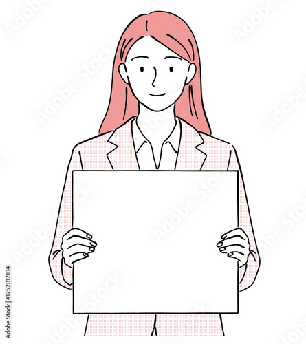 空白のボード（パネル）を持って立っている女性ビジネスマンの線画イラスト,提案,案内,笑顔,メッセージ