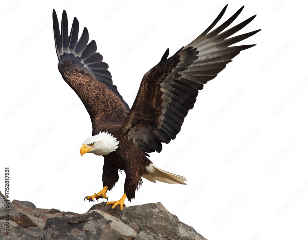 Fototapeta premium Bald Eagle Landing on Rock, Wings Partially Open, Isolated on Transparent Background