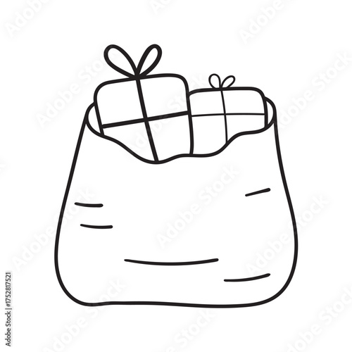 Gift Sack. Vector outline illustration. Minimal holiday design for presents.