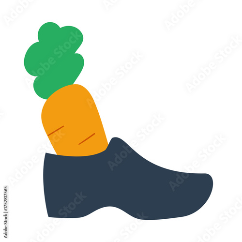 Simple vector illustration of a classic winter boot with a carrot inside. Minimal holiday design for Sinterklaas tradition.