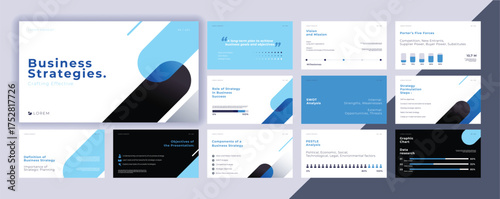Abstract powerpoint presentation templates set, blue color identity presentation background, banner template, brochure, landing page, company profile, business design package set, vector illustration.