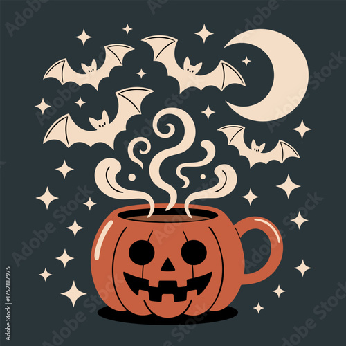Halloween Coffee Mug with Pumpkin Face, Bats, and Moon – Spooky Autumn Vector Illustration