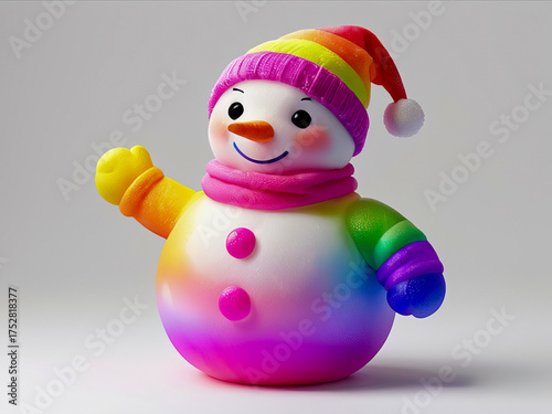 Holiday snowman figure with multicolor design on white backdrop