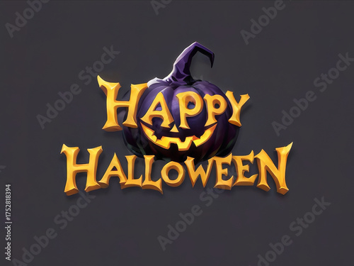 3D festive Halloween message with a violet pumpkin on a dark background