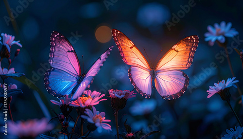 Glowing Butterflies on Flowers