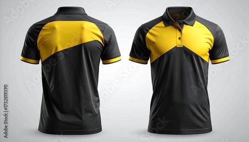 Front and back view of a black and yellow polo shirt with a modern design, showcasing athletic wear and sporty fashion of mockup