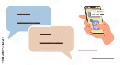 Hand holding smartphone displaying a security code with two chat message bubbles. Ideal for communication, security, authentication, technology, messaging, privacy, digital interaction in a simple