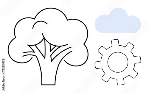 Outline of a tree, cloud, and gear symbolizing sustainability, environment, technology, and collaboration. Ideal for ecology, growth innovation teamwork environment progress education. Simple