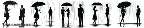 vector silhouette of a woman using a rain umbrella with a man's shadow behind her