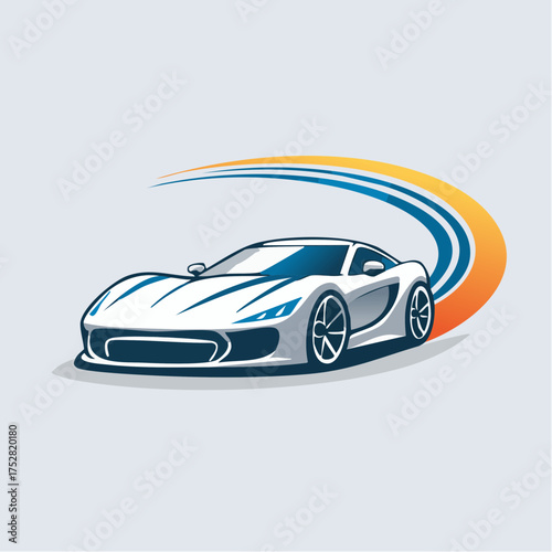 Sleek White Sports Car with Blue Accents and Trail.