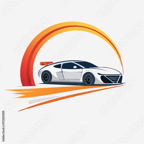 Sleek White Sports Car with Orange Spoiler and Wheels.