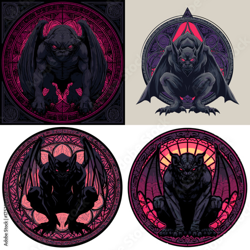 Dark gothic gargoyle illustration in circular stained glass design with purple and red tones. Symbol of protection, mythology, and fantasy architecture.