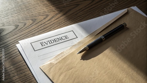 A document labeled evidence with a pen on a wooden surface