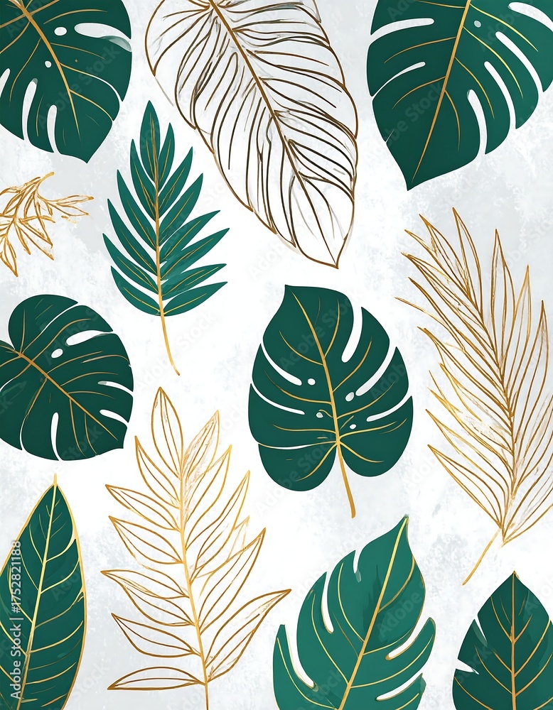 Fototapeta premium Lush botanical leaves in emerald green and gold on a pale gray background