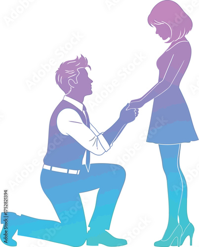 Man proposing to woman, holding hands, romantic gesture of love and commitment