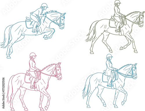 Equestrian rider in motion with horse, jumping and trotting in line art style