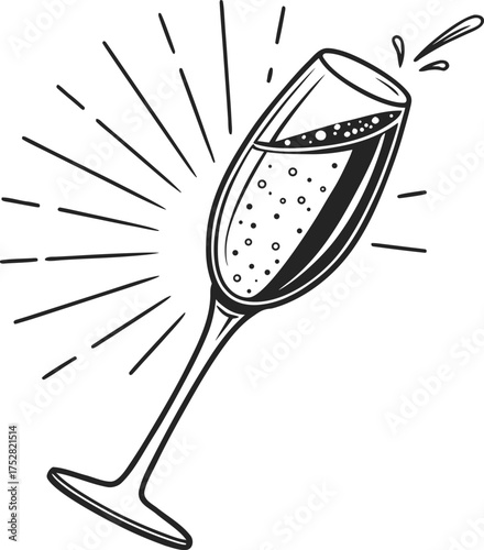 Celebration champagne flute with bubbles and sparkle hand drawn sketch isolated on transparent background