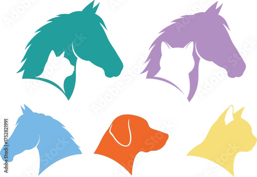 Playful silhouettes of diverse pets and horses in vibrant colors, celebrating animal companionship.