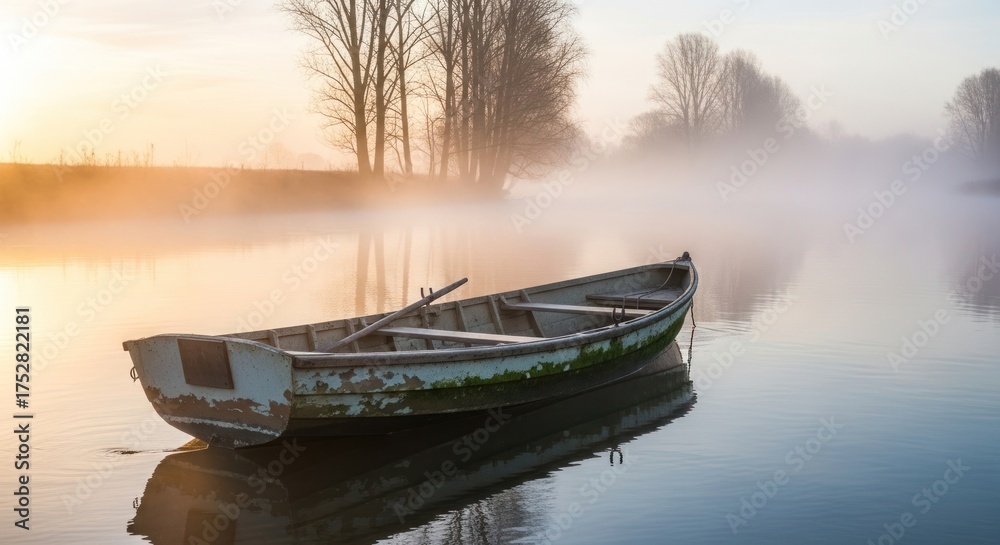 Obraz premium Serene Dawn: Wooden Rowboat on Misty River Reflecting Tranquility