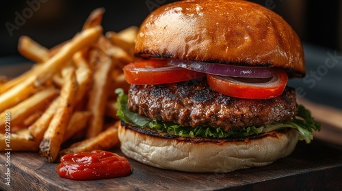 Juicy Gourmet Burger with Crispy French Fries and Ketchup on a Wooden Board.