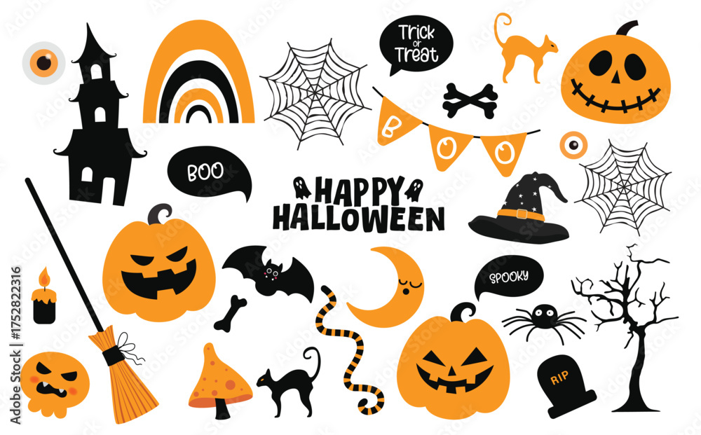 Fototapeta premium Halloween elements horror vector set design. Happy Halloween with pumpkins, witch hat, bat, jack o, bat and moon decoration flat elements collection. Vector illustration trick or treat icon set.