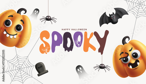 Happy Halloween greeting clipart poster set. Happy Halloween trick or trick greeting text with cute spooky characters clip art like pumpkin, cat and monster in paper cut cloud style decoration element