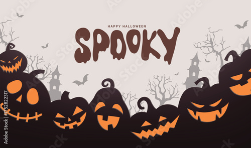 Halloween spooky vector background design. Happy Halloween greeting text with pumpkins jack o characters elements in silhouette background. Vector illustration horror scary card design.