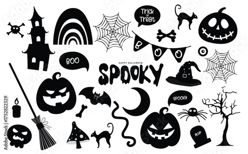 Halloween black elements vector set design. Happy Halloween with black color pumpkins, castle, bat and jack o elements decoration collection in white background. Vector illustration holiday horror