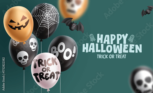 Halloween greeting text vector design. Happy Halloween trick or treat card with balloons bunch elements with scary, skittish and creepy pattern in green background. Vector illustration horror 