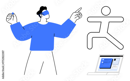 Man wearing VR headset interacting with digital simulation, figure in action pose, laptop interface. Ideal for virtual experience, technology, gaming, education, innovation, creativity simple flat