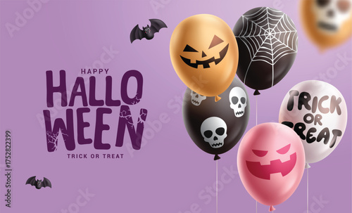 Halloween greeting text vector design. Happy Halloween greeting with bunch balloons elements in scary, creepy and skittish pattern decoration. Vector illustration trick or treat card design.
