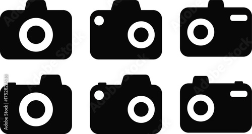 Set of 6 Black Camera Icons, Photography and Lens Symbols Vector Illustration on White Background