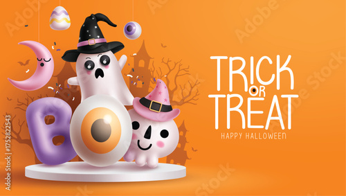 Trick or treat Halloween vector design. Happy Halloween greeting text with podium stage and cute ghost characters in castle silhouette yellow background. Vector illustration horror promotion template.