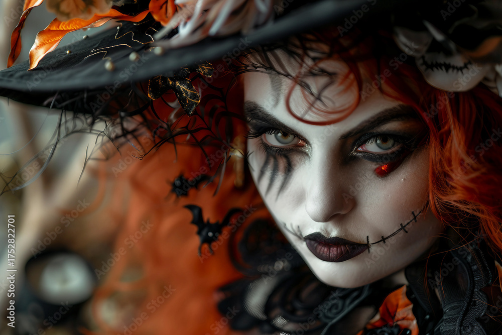 Fototapeta premium Close up of spooky Día de Muertos zombie makeup with glowing eyes, halloween party style, generative ai