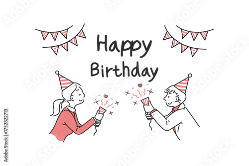 Line drawing, cartoon, happy birthday, two-color picture, black, pink