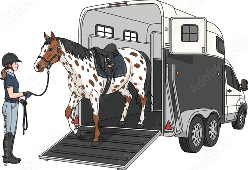 Young woman with helmet leads a spotted horse out of a trailer on a sunny day.