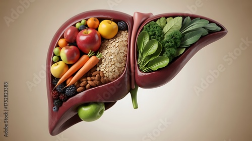 Healthy liver made of fruits vegetables and grains symbolizing nutrition
