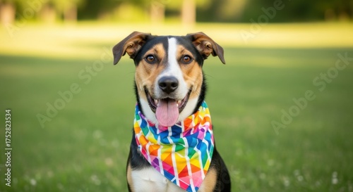 Fototapeta Naklejka Na Ścianę i Meble -  Happy tri-color Australian Shepherd mix dog wears a vibrant rainbow bandana celebrating pride outdoors