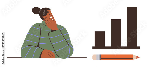 A woman in a green sweater thoughtfully observes a bar chart beside a pencil. Ideal for planning, analysis, strategy, education, growth, business success, and creative thinking. A simple flat