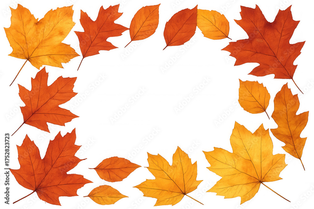 Fototapeta premium Autumn leaves frame forming border, natural fall foliage composition with transparent background
