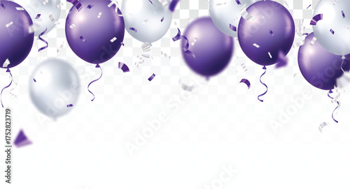 Purple and silver balloons with confetti banner